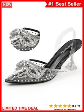 Clear Rhinestone Bow Slingback Kitten Heels Wedding Prom Pumps
